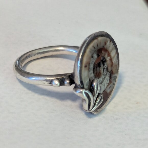 Vintage Nautilus Ammonite Fossil Shell Ring Sterling Silver Leaf Boho Unique - Picture 7 of 8